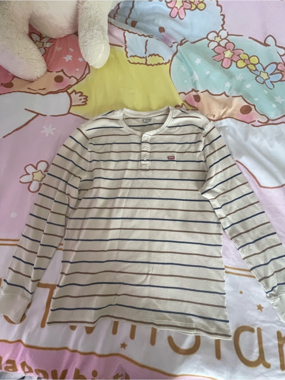Levi's Cream Long-Sleeve Henley with Navy and Brown Stripes